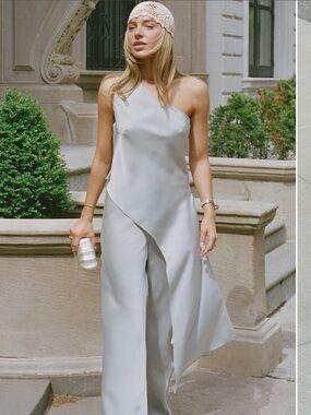 NWT GRETA LOUISE TOMÉ Few Moda Mia Icy Silky Shiny Asymmetrical Top Pant Set 4